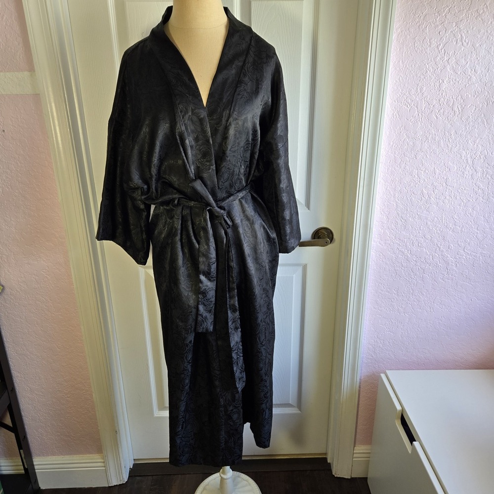 California Dynasty‎ Vtg Black Satin Floral Kimono Robe Size S/M USA Lingerie